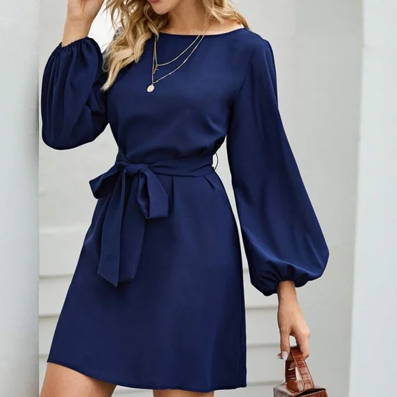 Classic lantern long sleeve belted mini Dress - Picture 2 of 15